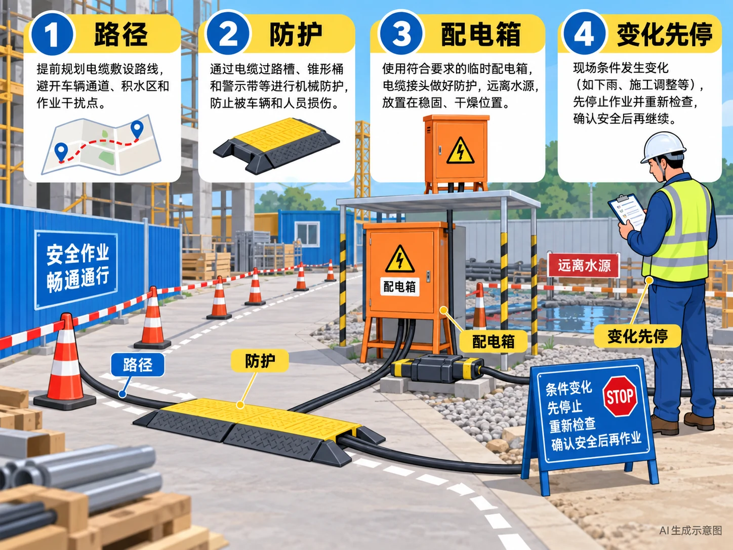 临时电缆路径、通道防护和停用复核的示意,AI生成示意图