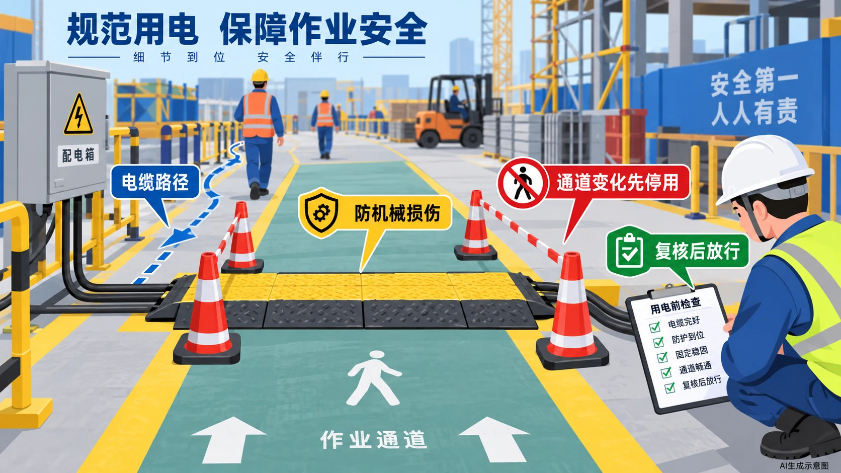 临时电缆穿越通道时划定路线、设置防护并复核配电的资料示意,AI生成示意图