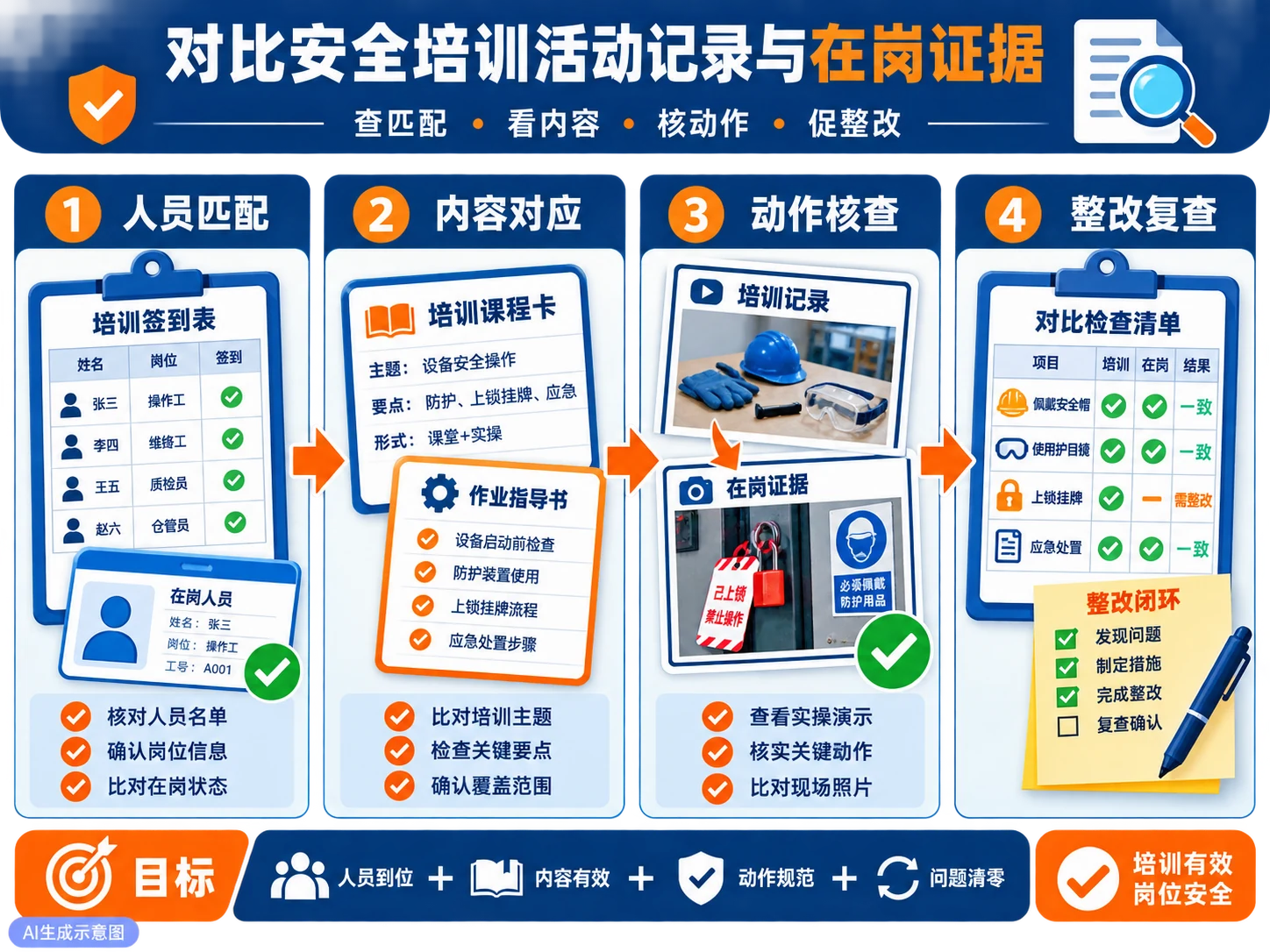 AI生成示意图：检查要点和整改闭环示意。