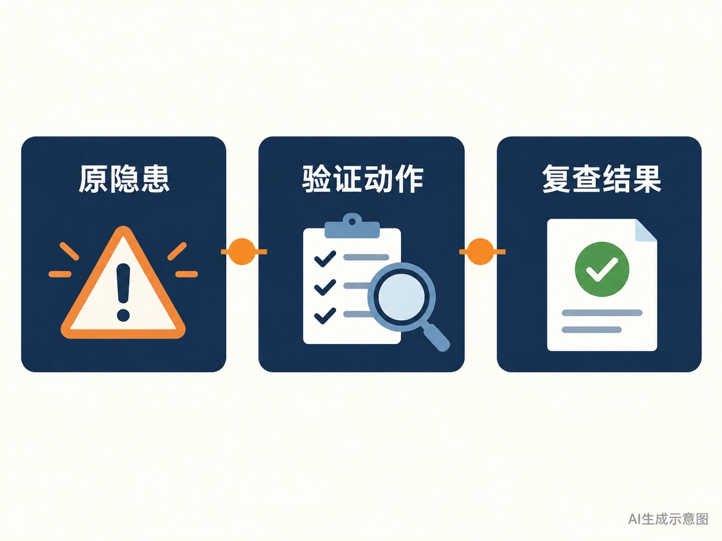 原隐患、验证动作、复查结果关系的AI生成示意图