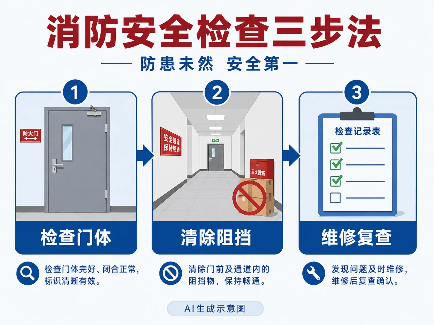 AI生成示意图:检查门体、清除阻挡、维修复测三步流程