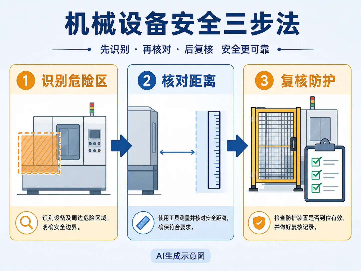 AI生成示意图:识别危险区、测量距离、复核防护三步流程