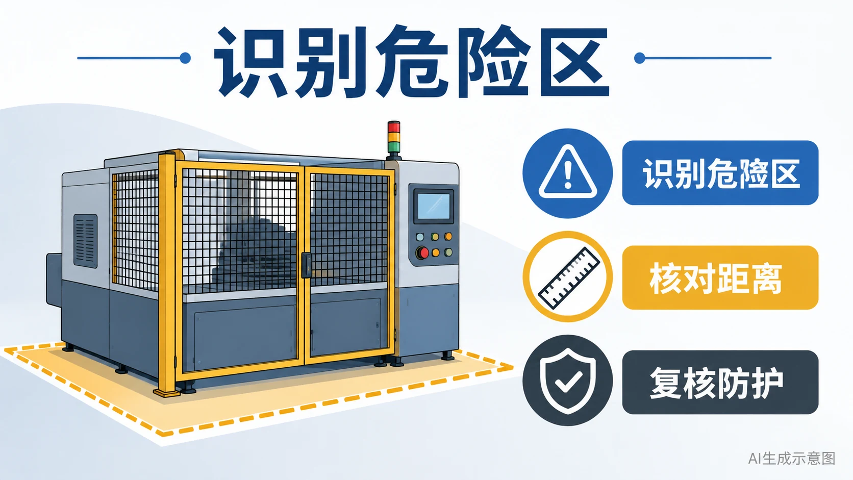 AI生成示意图:机械设备危险区与安全距离检查