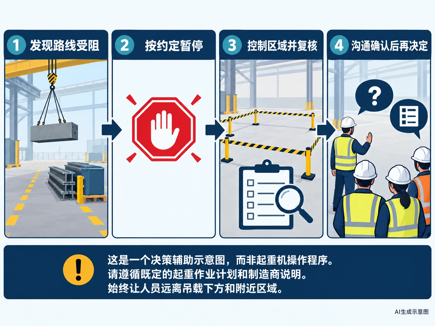 路线受阻后的暂停、控区、复核与沟通决策示意,AI生成示意图