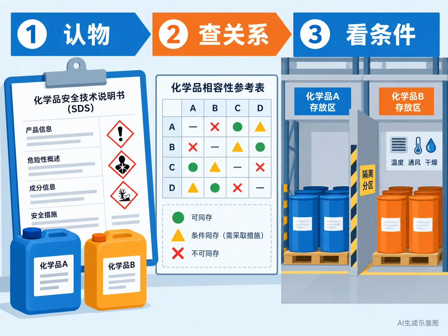 用SDS、附录A和货位信息核对同类危化品能否相邻存放的判断流程示意图,AI生成示意图