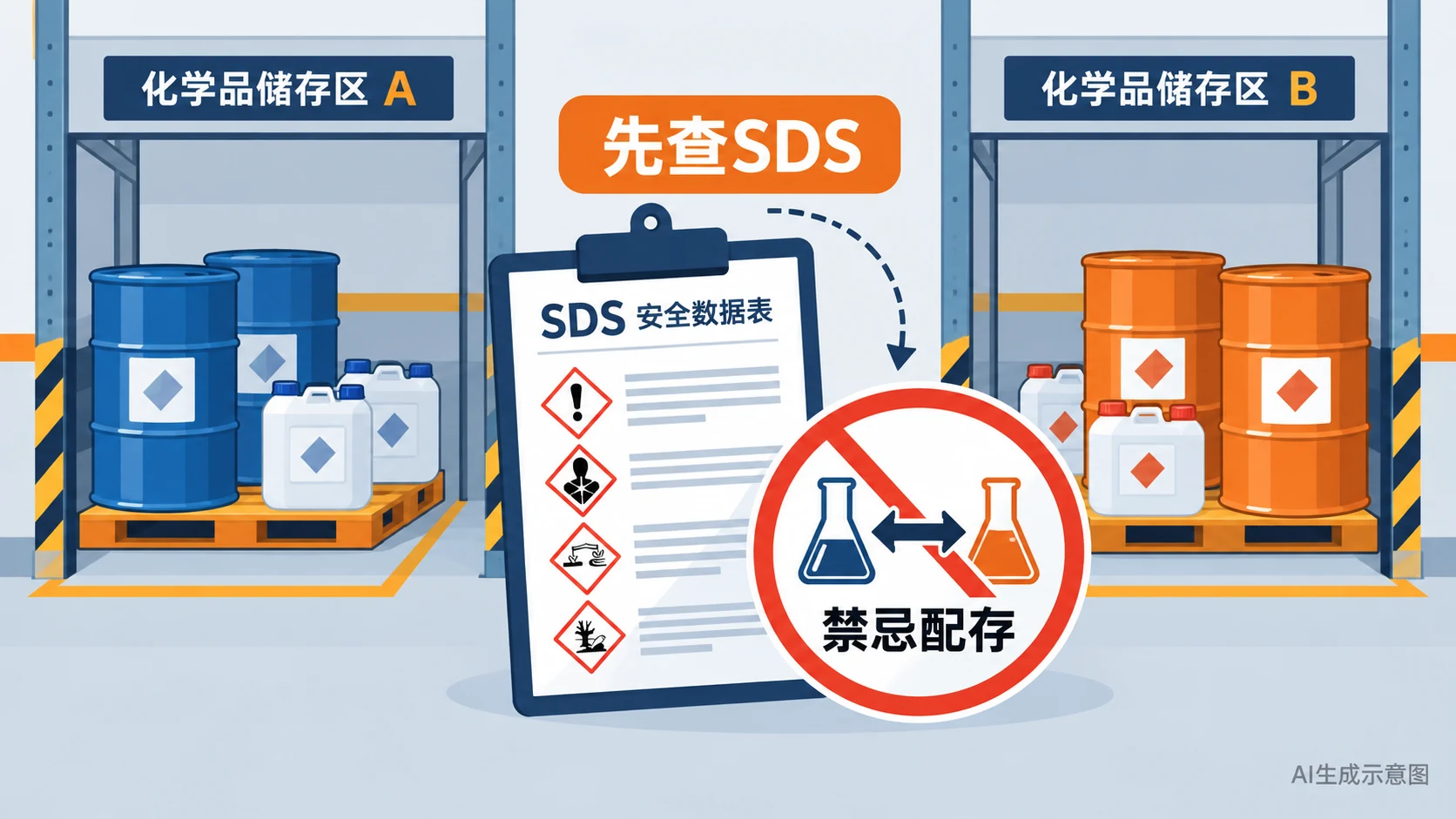 危化品相邻存放前核对物料身份、禁忌配存和隔离方式的示意图,AI生成示意图