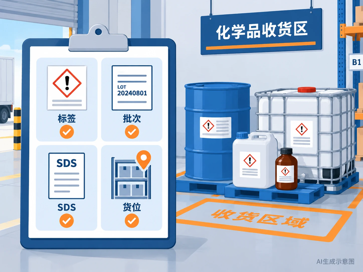 用标签、SDS、批次和货位条件完成危化品入库核对的示意,AI生成示意图