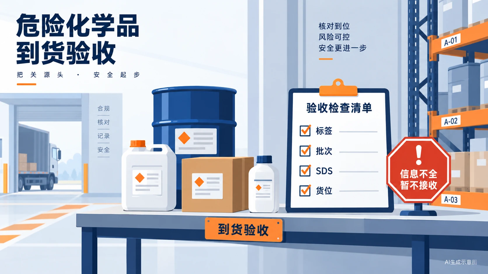 危化品相邻存放前核对物料身份、禁忌配存和隔离方式的示意,AI生成示意图