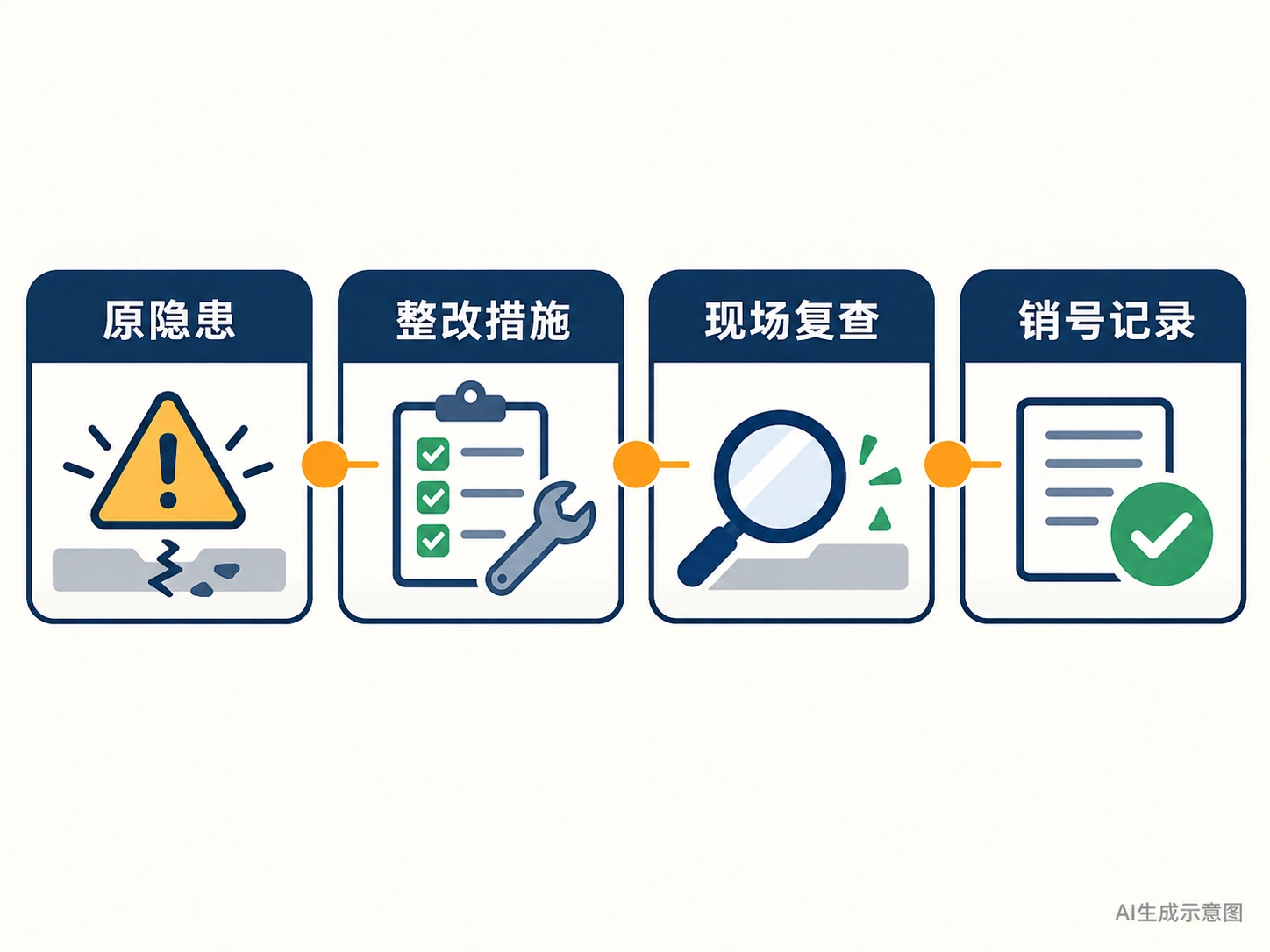 原隐患、完成条件、现场复查、销号记录的AI生成示意图