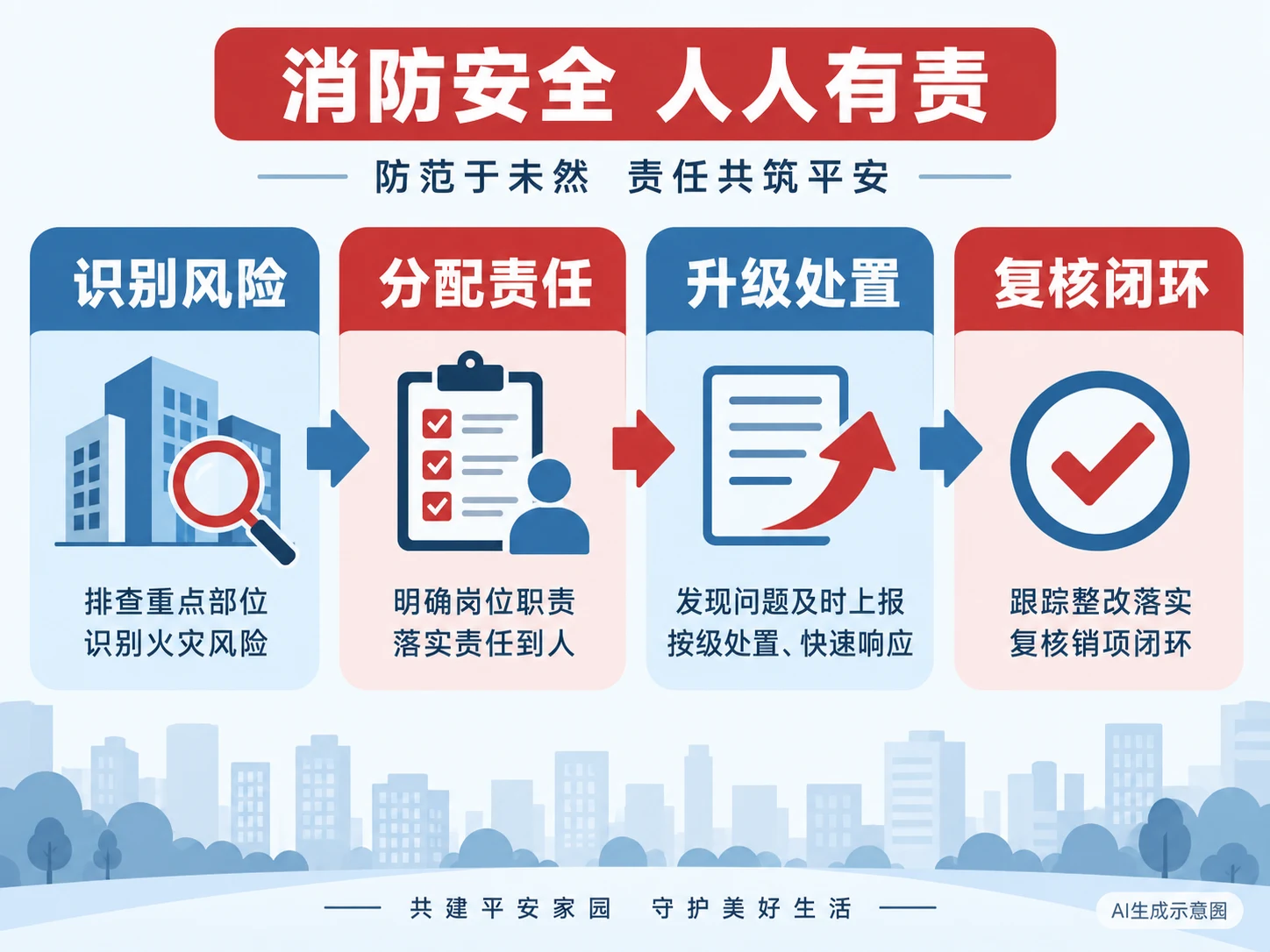 AI生成示意图:识别风险、分配责任、升级处置、复核闭环四步流程