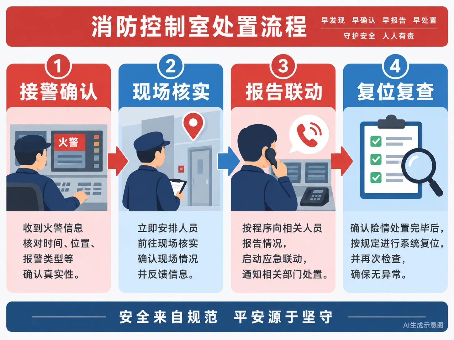 AI生成示意图:接警确认、现场核实、报告联动、复位复查四步流程
