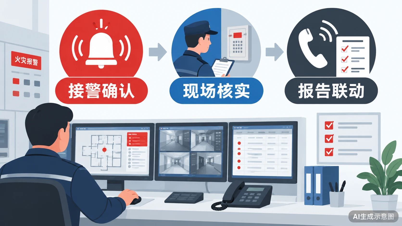 AI生成示意图:消防控制室值班与报警处置