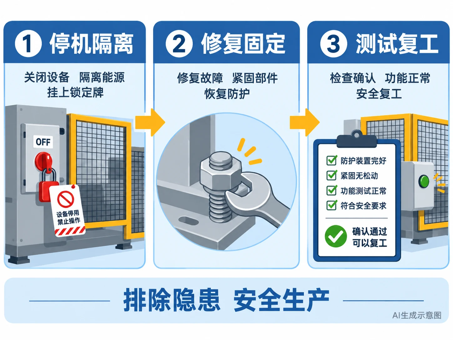 AI生成示意图:停机隔离、修复固定、测试复工三步流程
