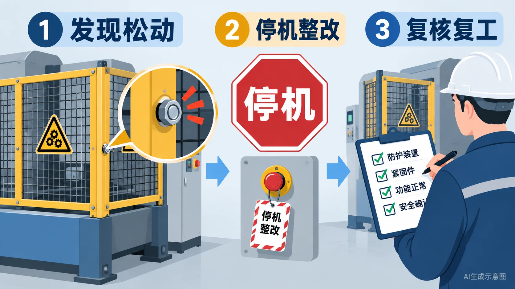 AI生成示意图:机械防护罩松动检查与停机整改
