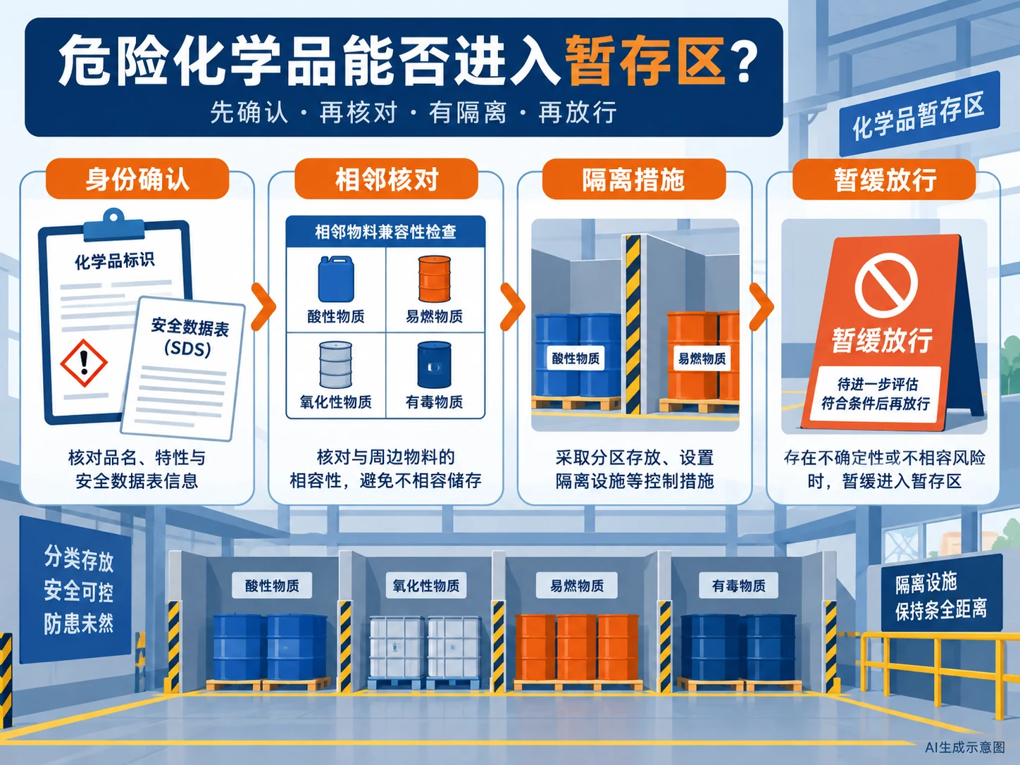 用SDS、禁忌配存和隔离条件判断危化品能否暂存加货的示意,AI生成示意图