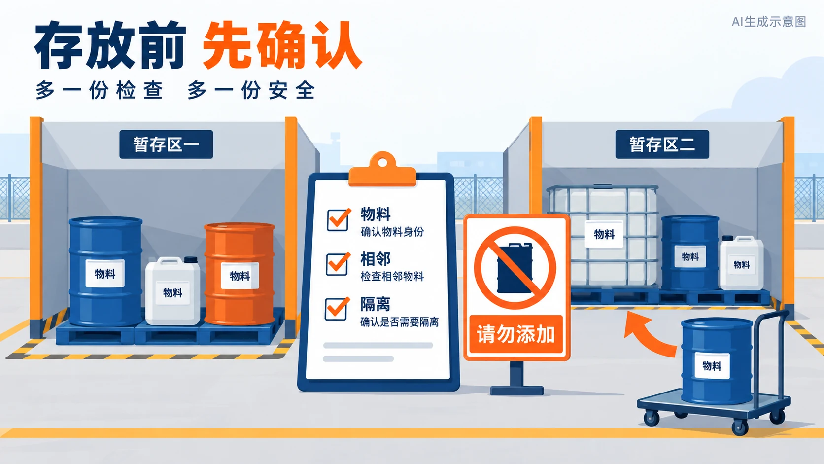 危化品暂存加货前核对物料身份、禁忌配存和隔离方式的示意,AI生成示意图
