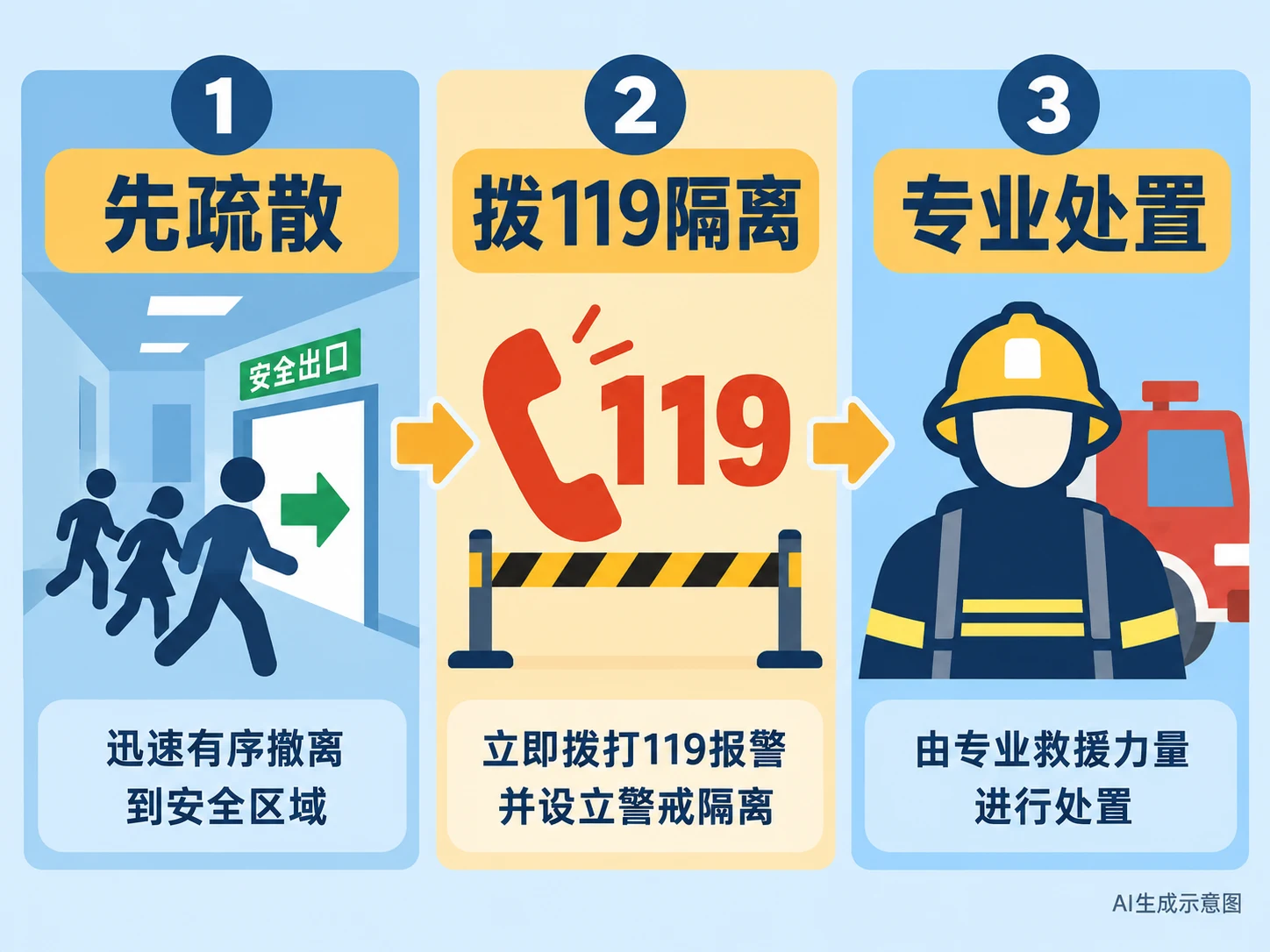 AI生成示意图:疏散、报警隔离、专业处置三步流程