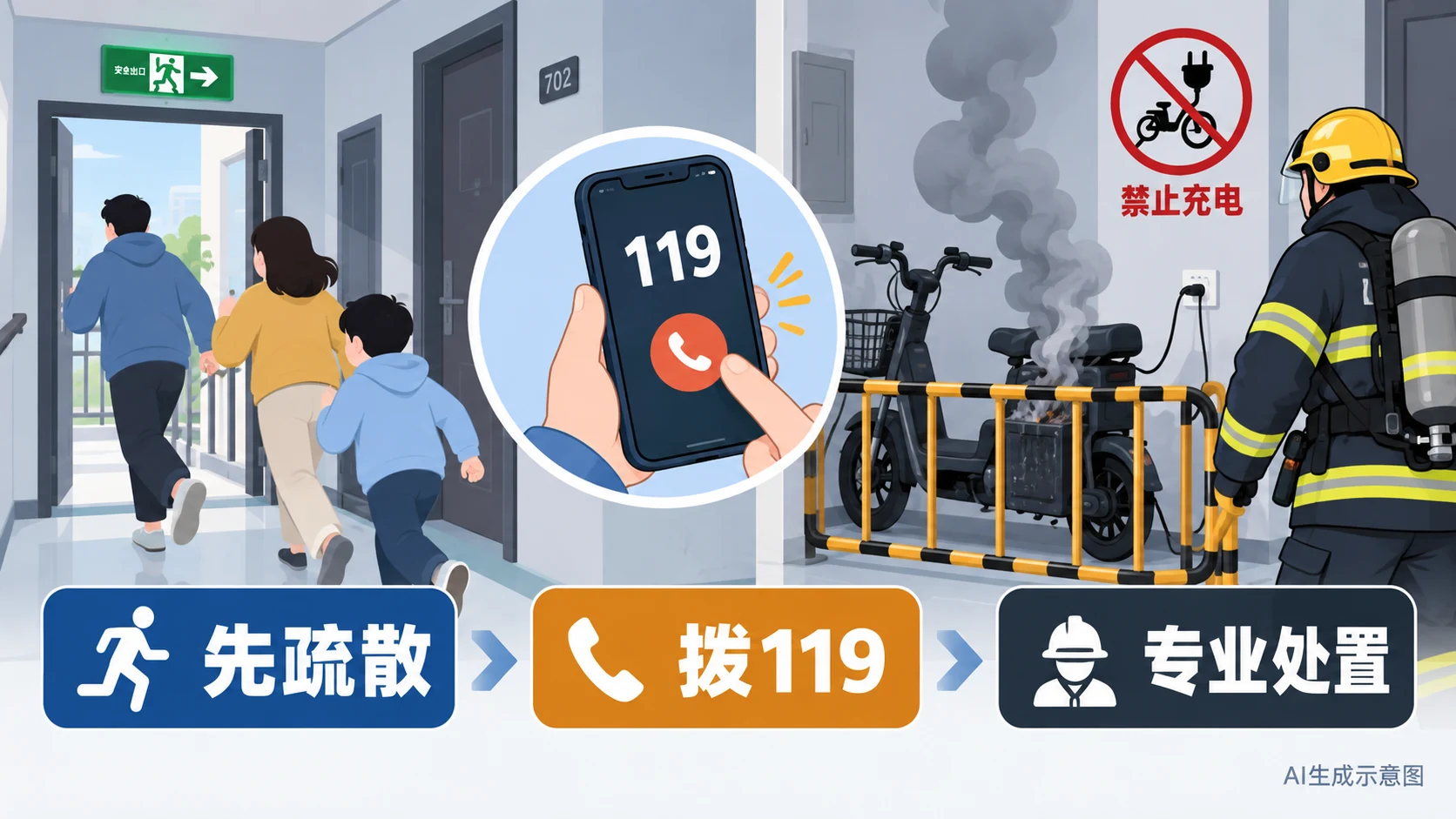 AI生成示意图:楼道电池冒烟时先疏散报警再专业处置