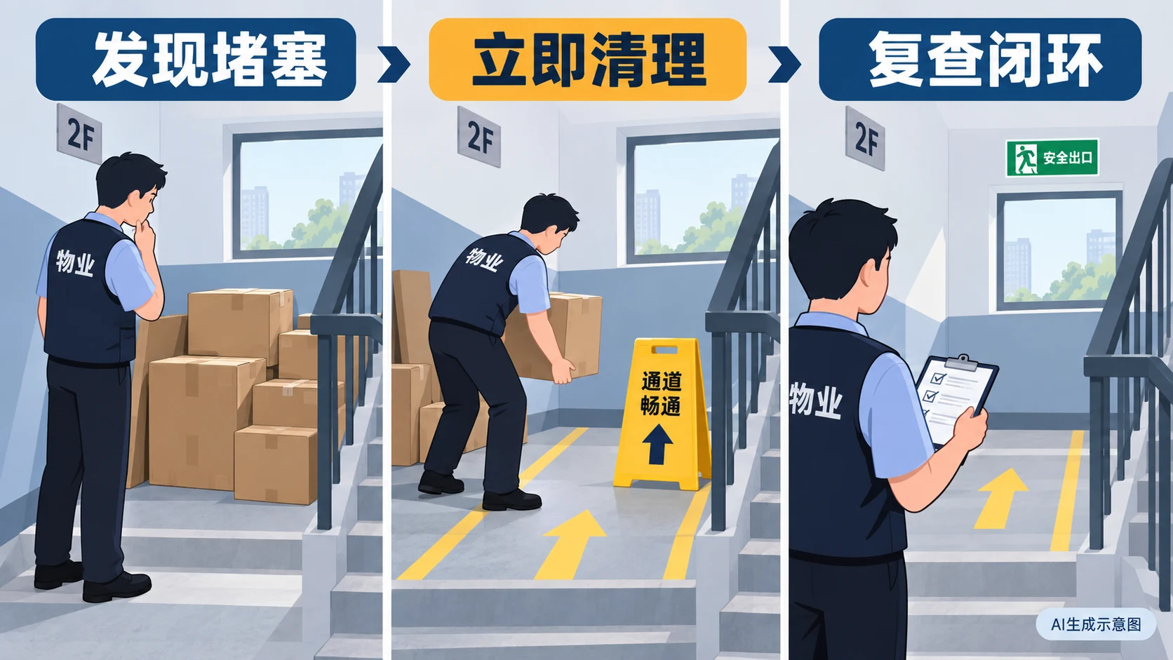 AI生成示意图:楼梯间纸箱堵塞的清理与复查