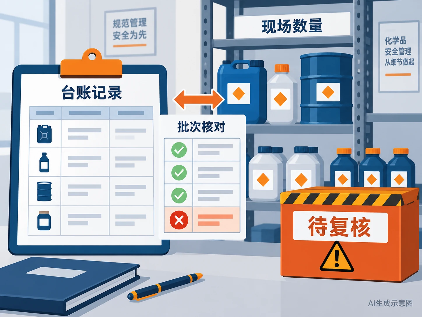 危化品台账、现场数量核对和异常复核的AI示意图
