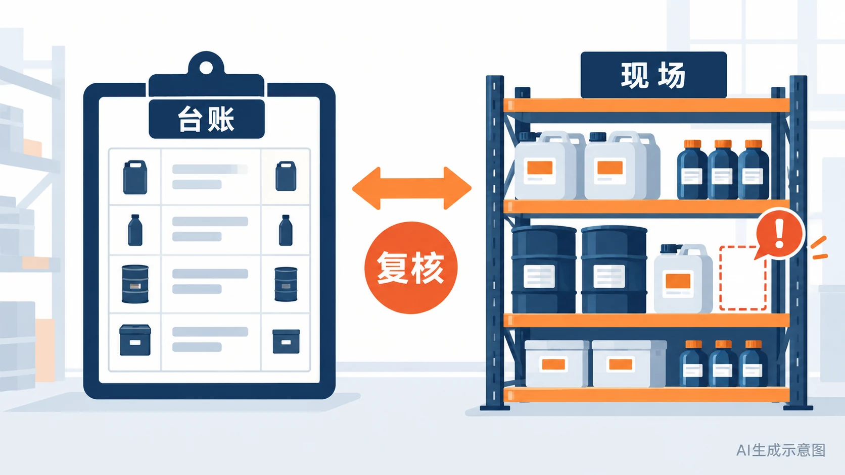 危化品库存台账与货架实物逐项核对的AI示意图