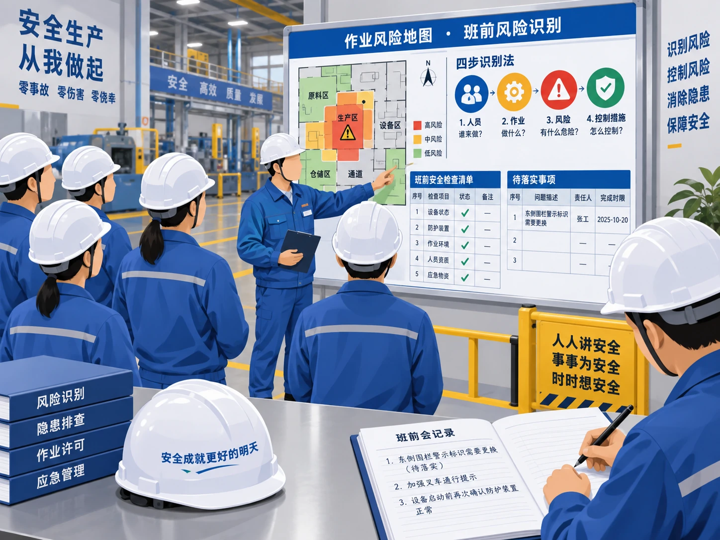 班组成员围绕现场风险图逐项复述措施并记录未闭环事项的示意图