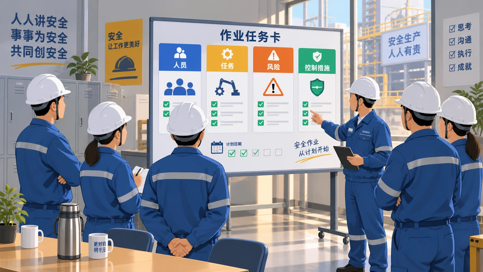 班前会用任务卡核对人员、风险和控制措施的示意图