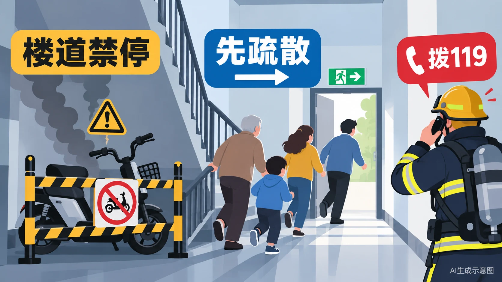 AI生成示意图:楼梯间电动车火灾案例与疏散风险