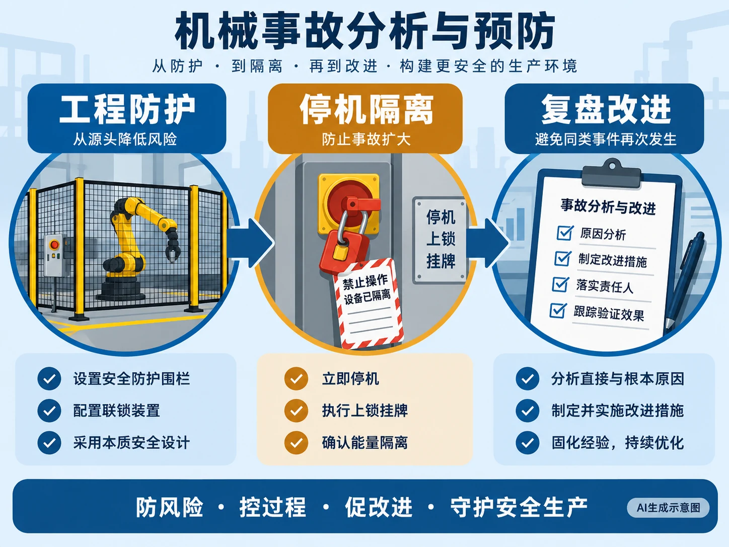 AI生成示意图:工程防护、能量隔离、授权处置三层复盘