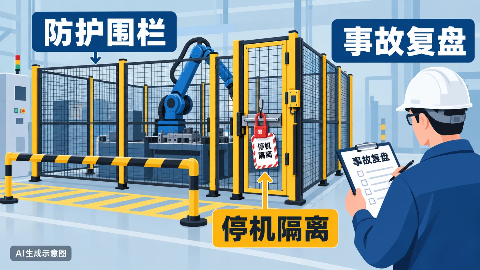 AI生成示意图:点焊机器人防护空间与误入风险