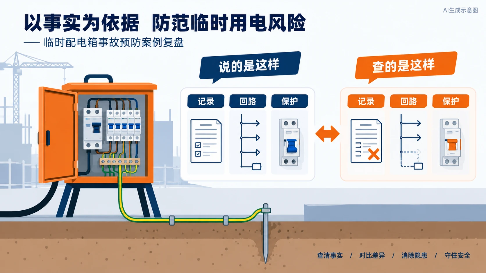 施工现场核对临时配电箱、设备回路与保护配置的示意图,AI生成示意图