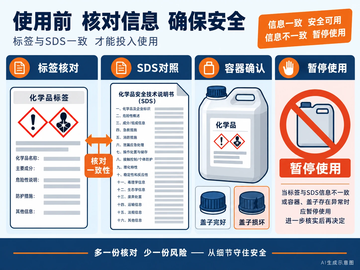 标签核对、SDS对照、容器确认和暂停使用的核查步骤示意卡,AI生成示意图