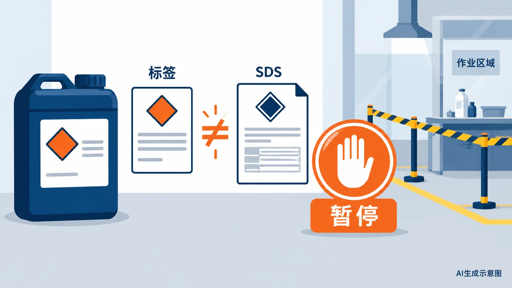 标签、SDS与容器身份核对示意,发现关键信息不一致时暂停使用待核实,AI生成示意图