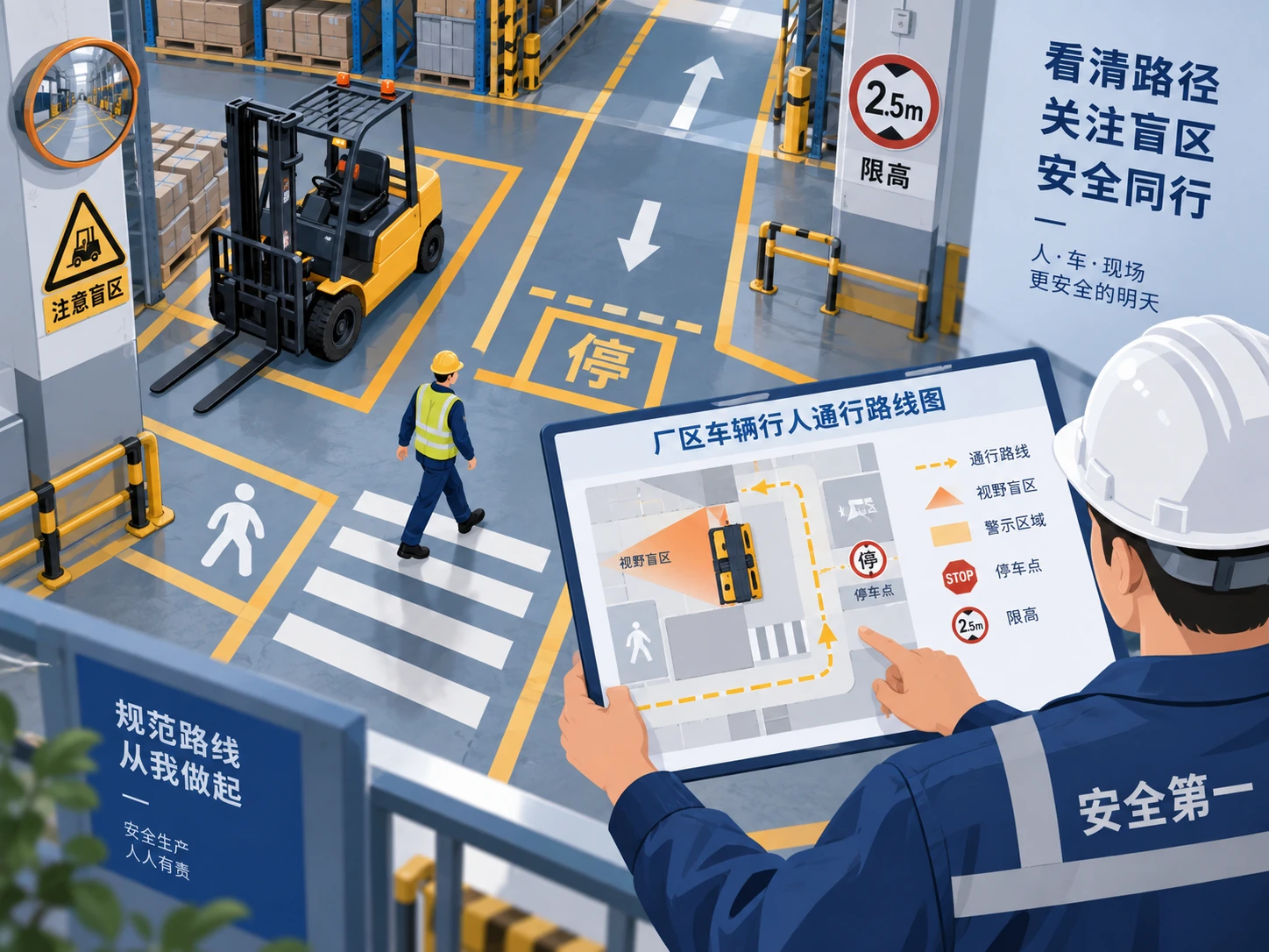 厂内车辆作业前在路线图上标出盲区、警戒区和异常处置点的示意图