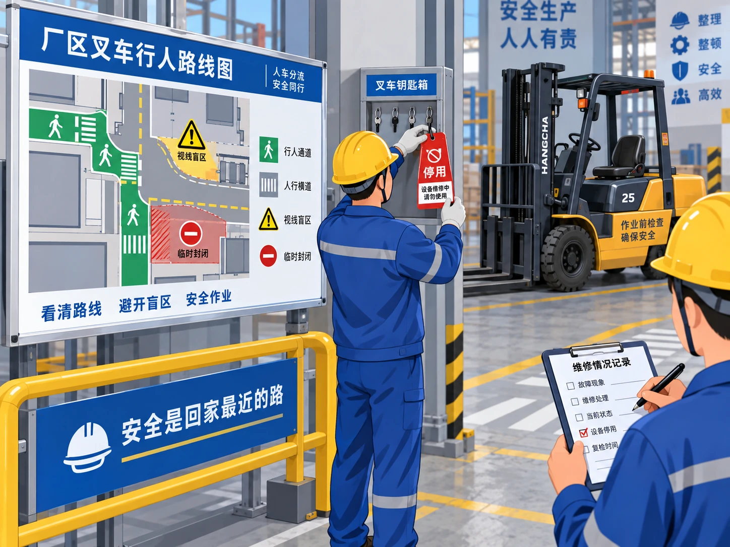 厂内车辆交接班在路线图上标记临时封路和盲区并挂出停用标识的示意图