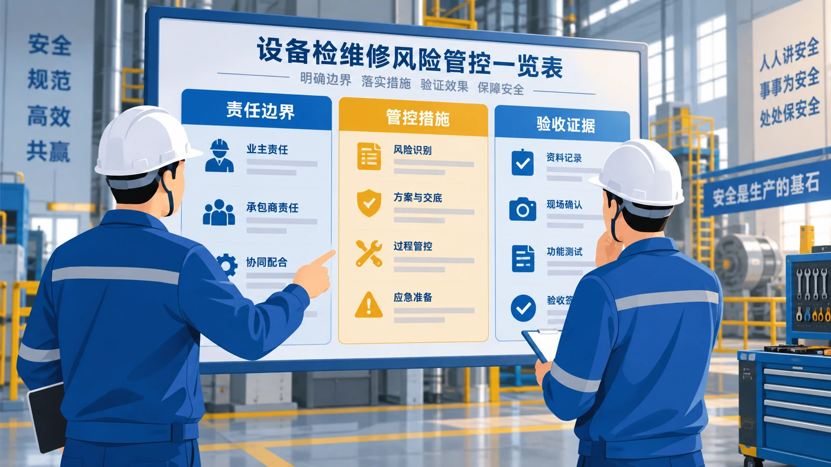 企业和承包商在检维修风险板上分析责任边界与整改证据的示意图