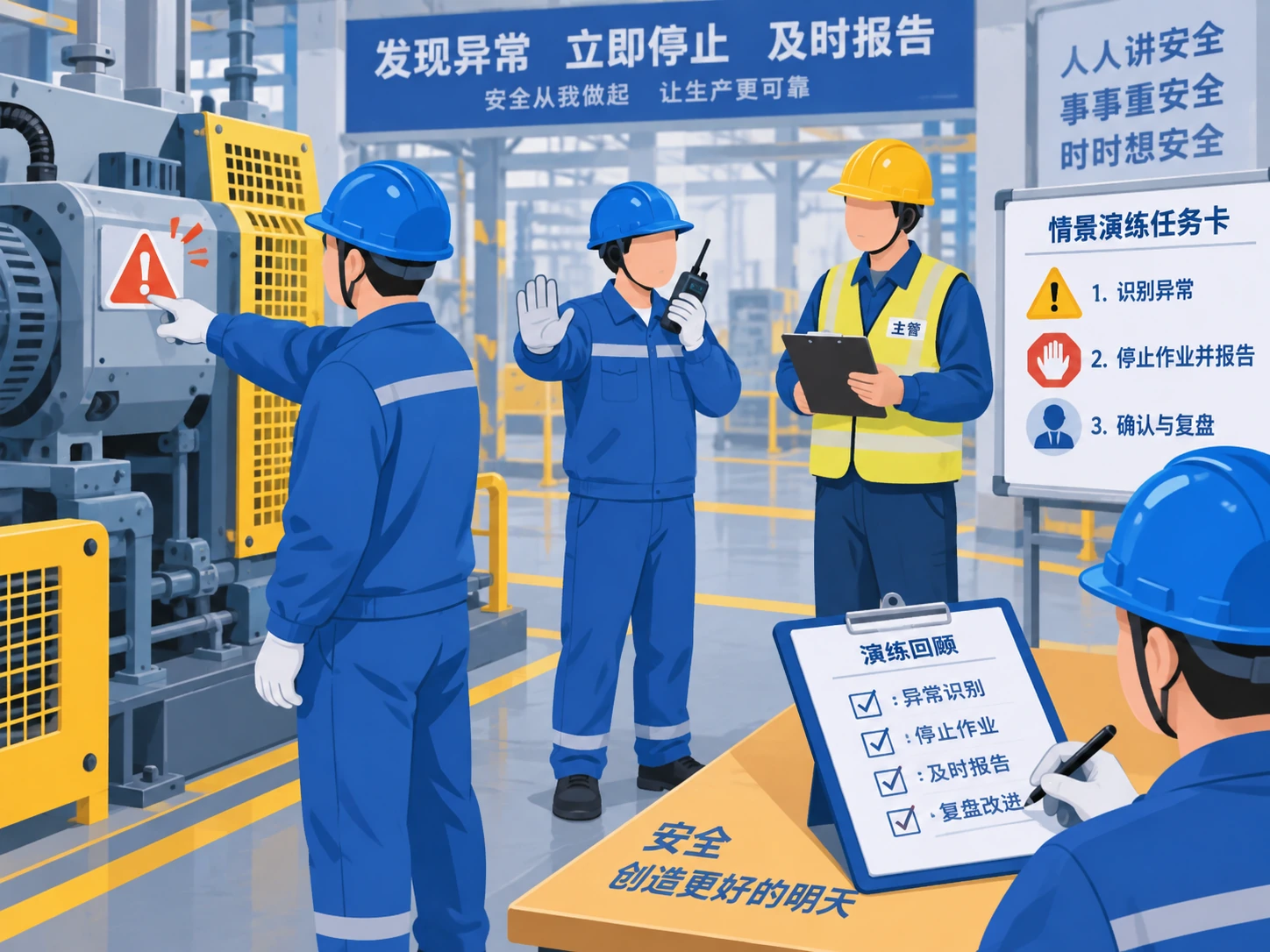 培训后用情景卡演练设备异常、人员变化和临时变更时的停工判断示意图