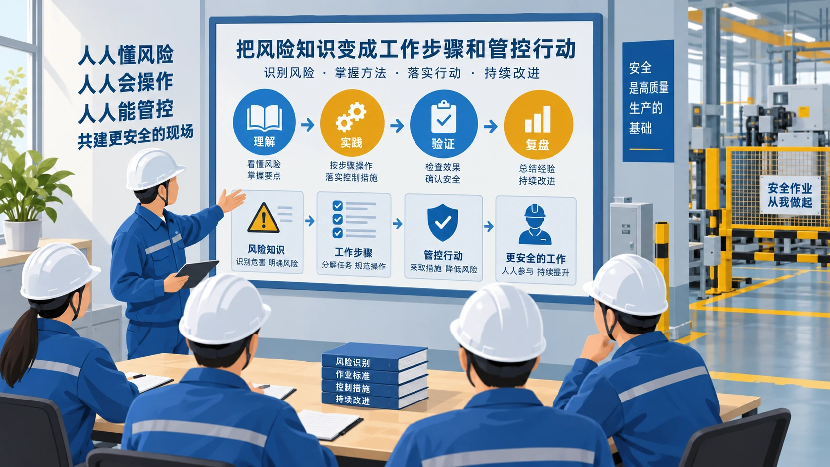 班组在培训板上把风险知识转成现场任务和控制动作的示意图