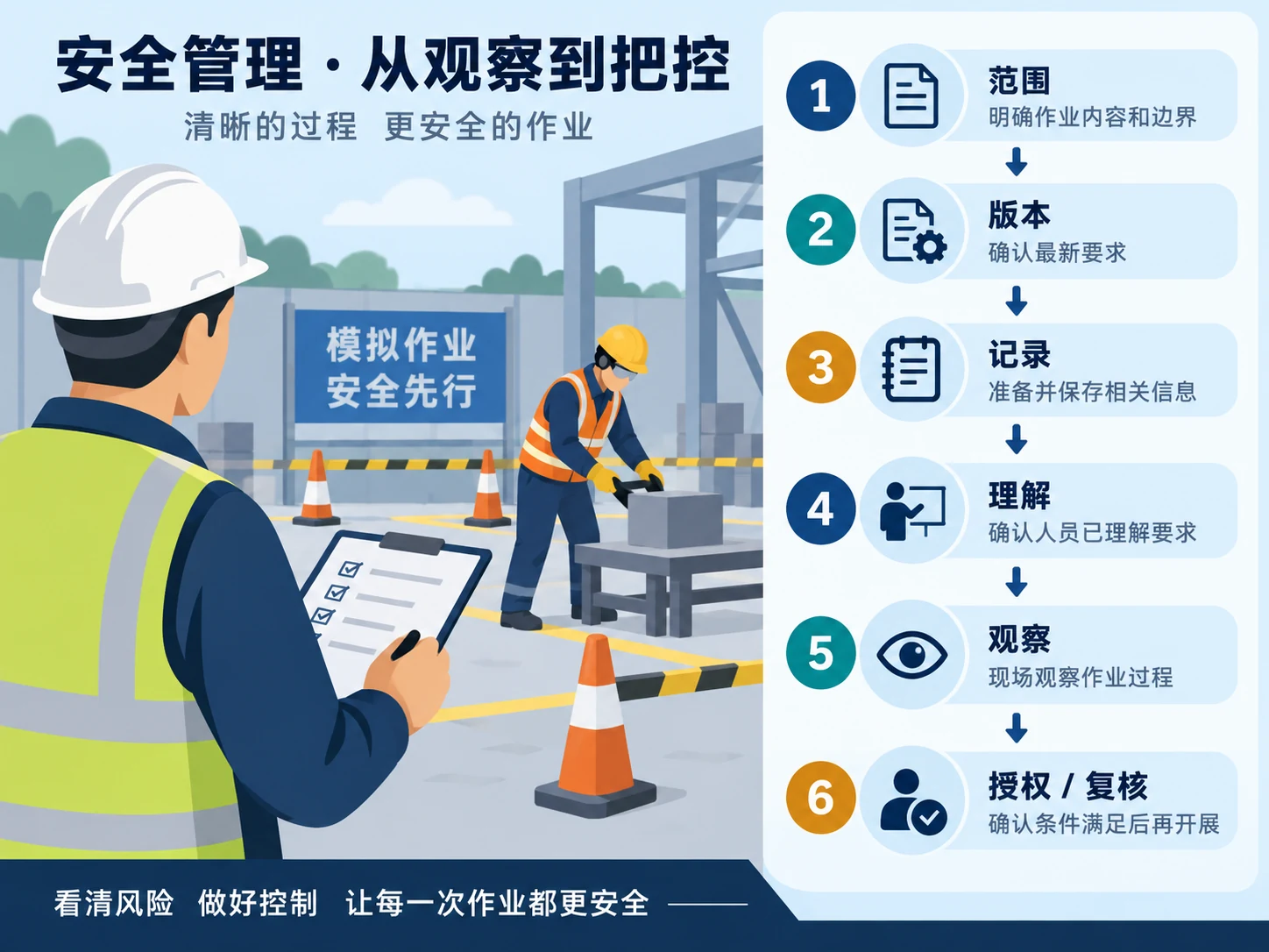 AI生成示意图:安全条件下的岗位观察、关键动作、授权边界和复查记录关系示意。