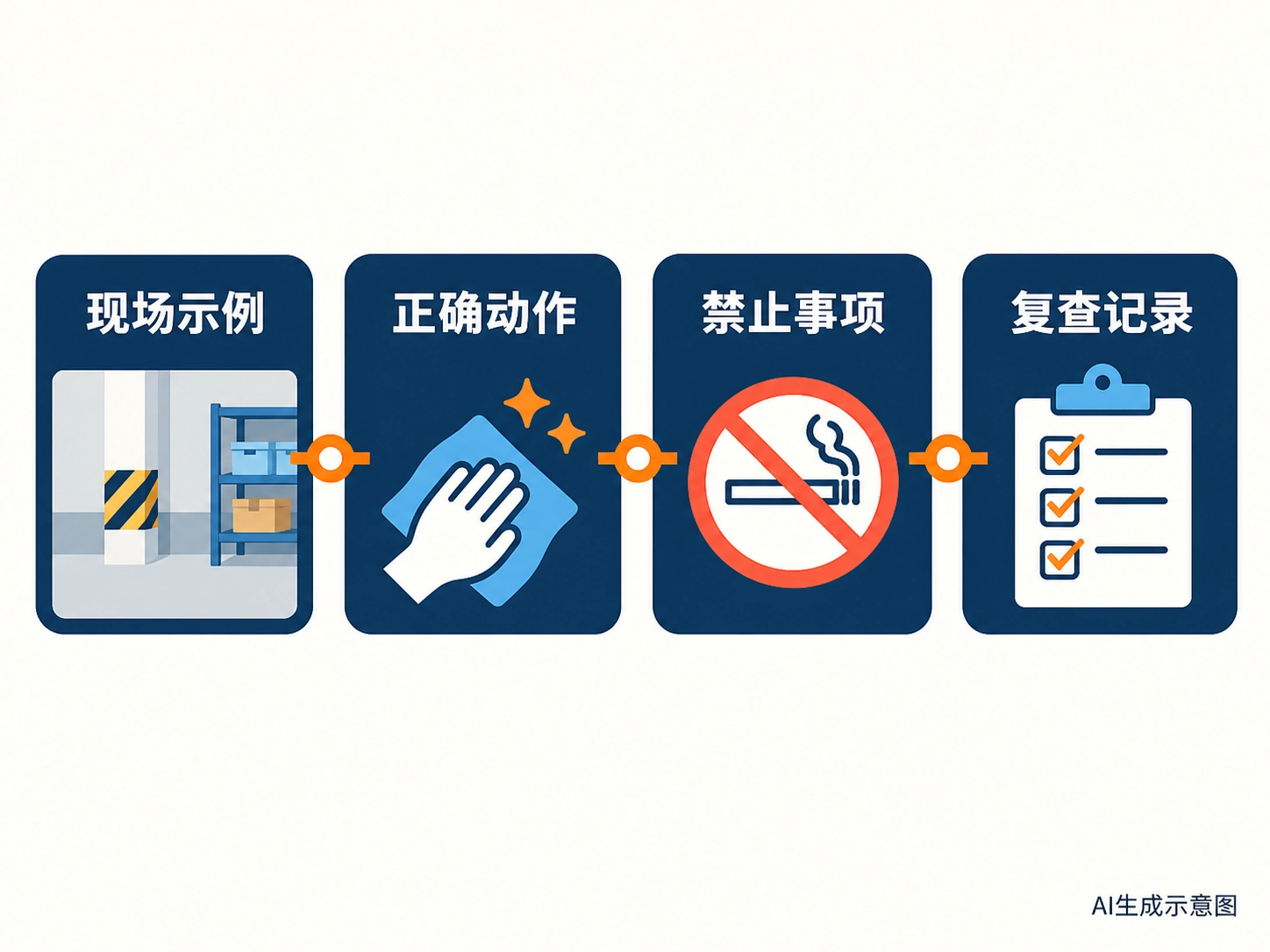 现场示例、正确动作、禁止事项与复查记录的风险辨识流程信息图，AI生成示意图