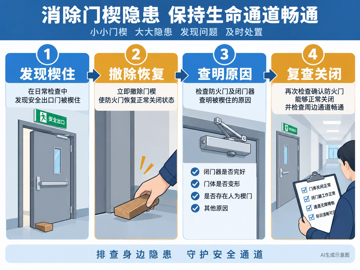 AI生成示意图:撤楔、恢复、查因、复查四步整改流程