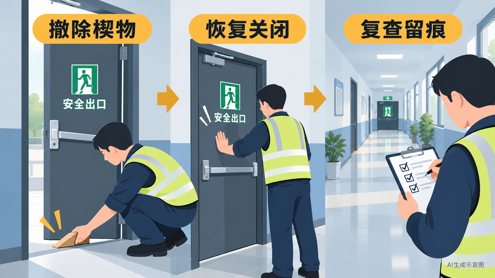 AI生成示意图:安全出口常闭门被楔住的整改检查
