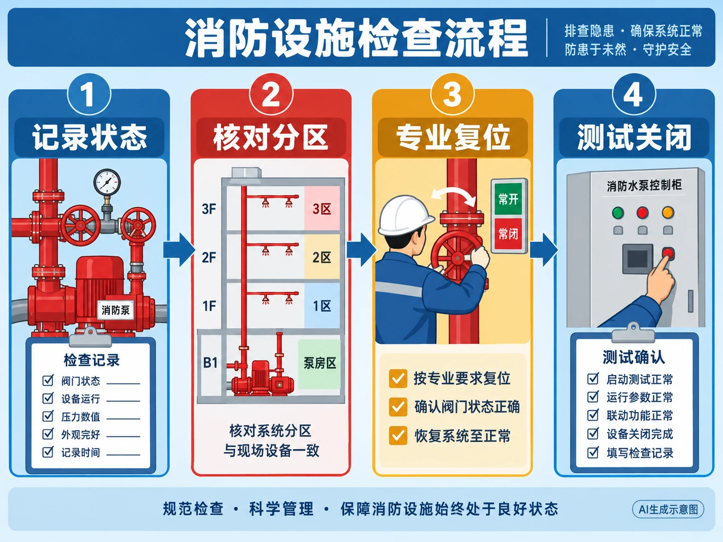 AI生成示意图:看状态、查影响、专业复位、测试复查四步流程