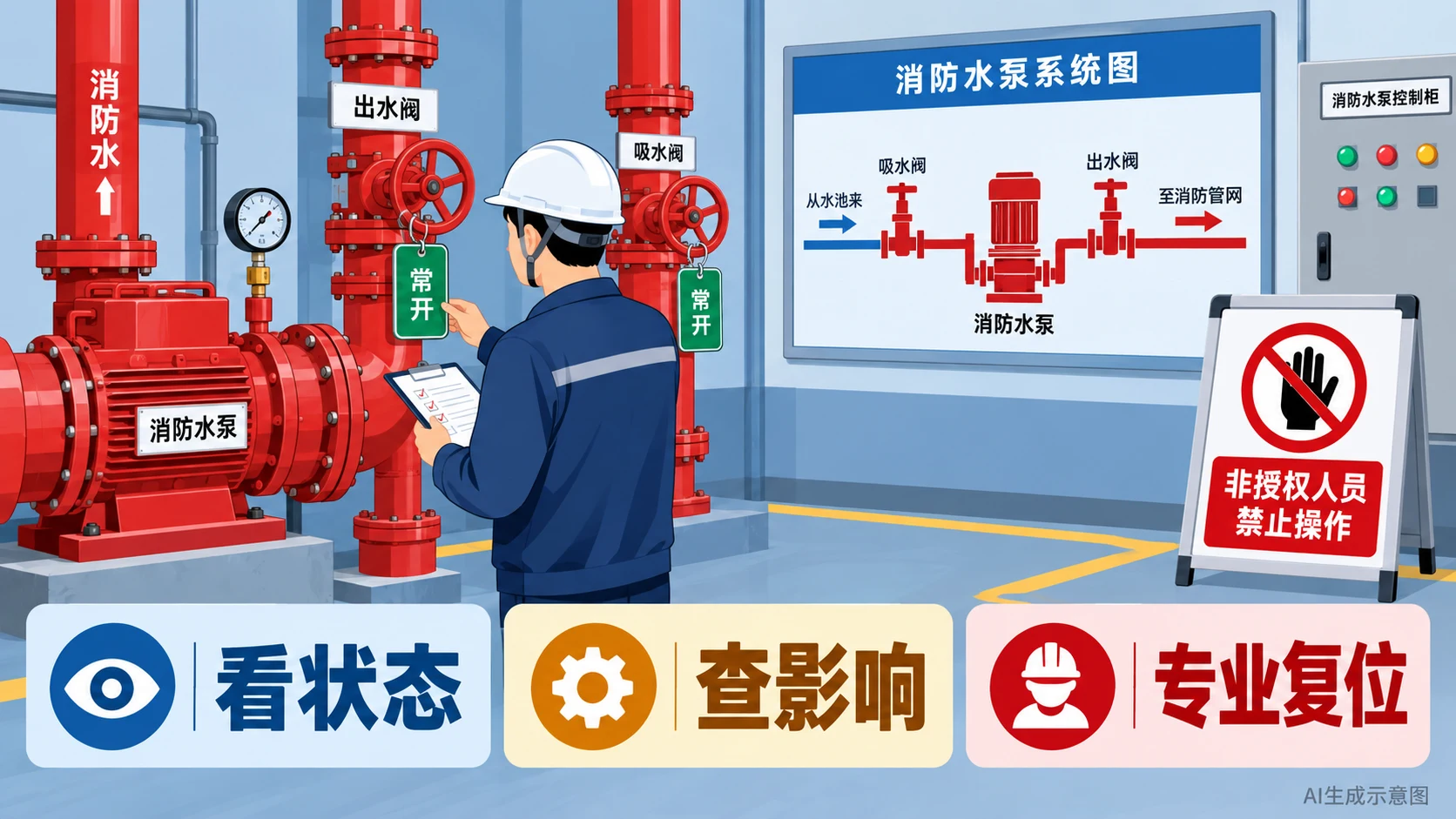 AI生成示意图:消防水泵房阀门状态检查与整改