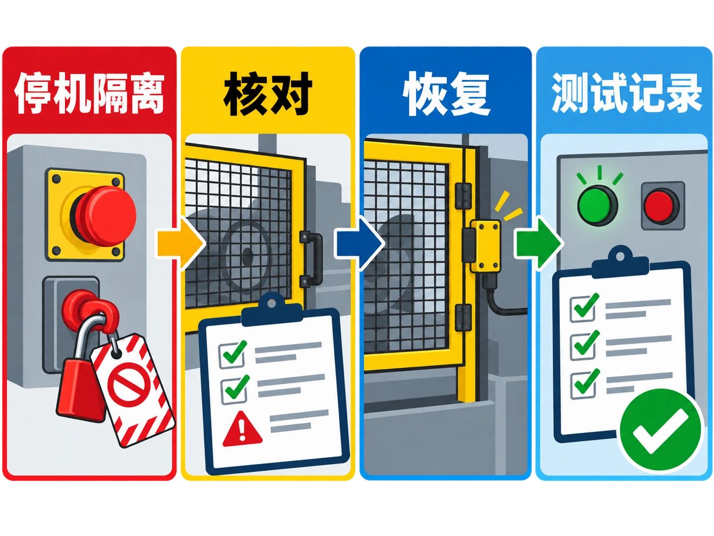 AI生成示意图:停机隔离、核对、恢复、测试复查四步流程