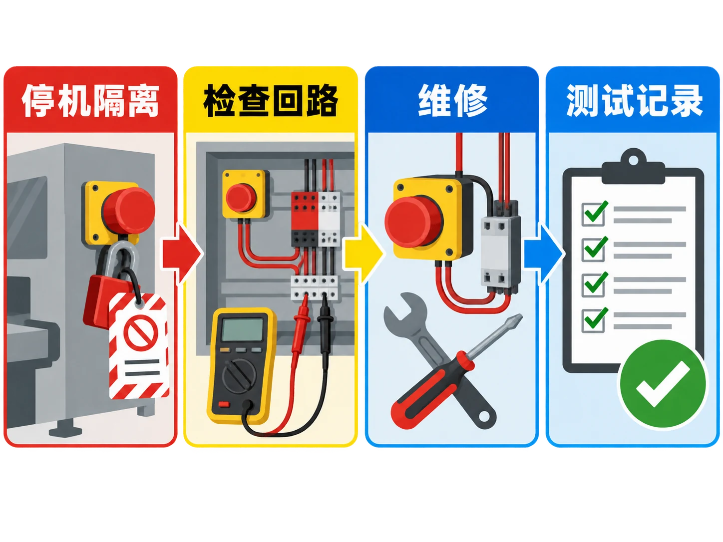 AI生成示意图:停机隔离、维修、验证、复查四步流程