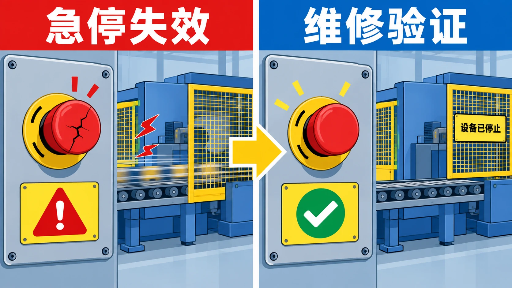 AI生成示意图:机械设备急停按钮失效与维修验证