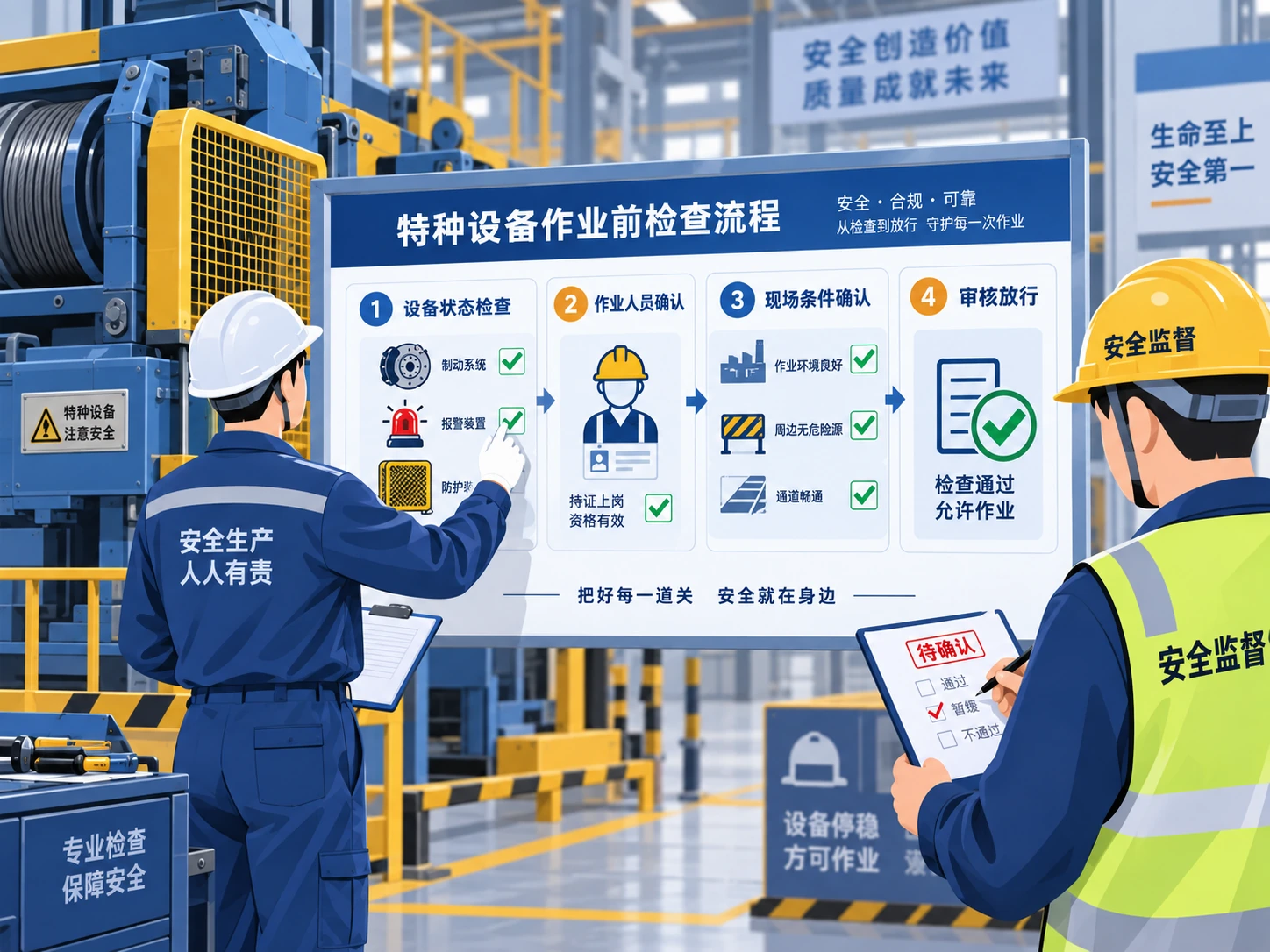 特种设备从状态检查、人员确认到现场放行的条件链分析示意图