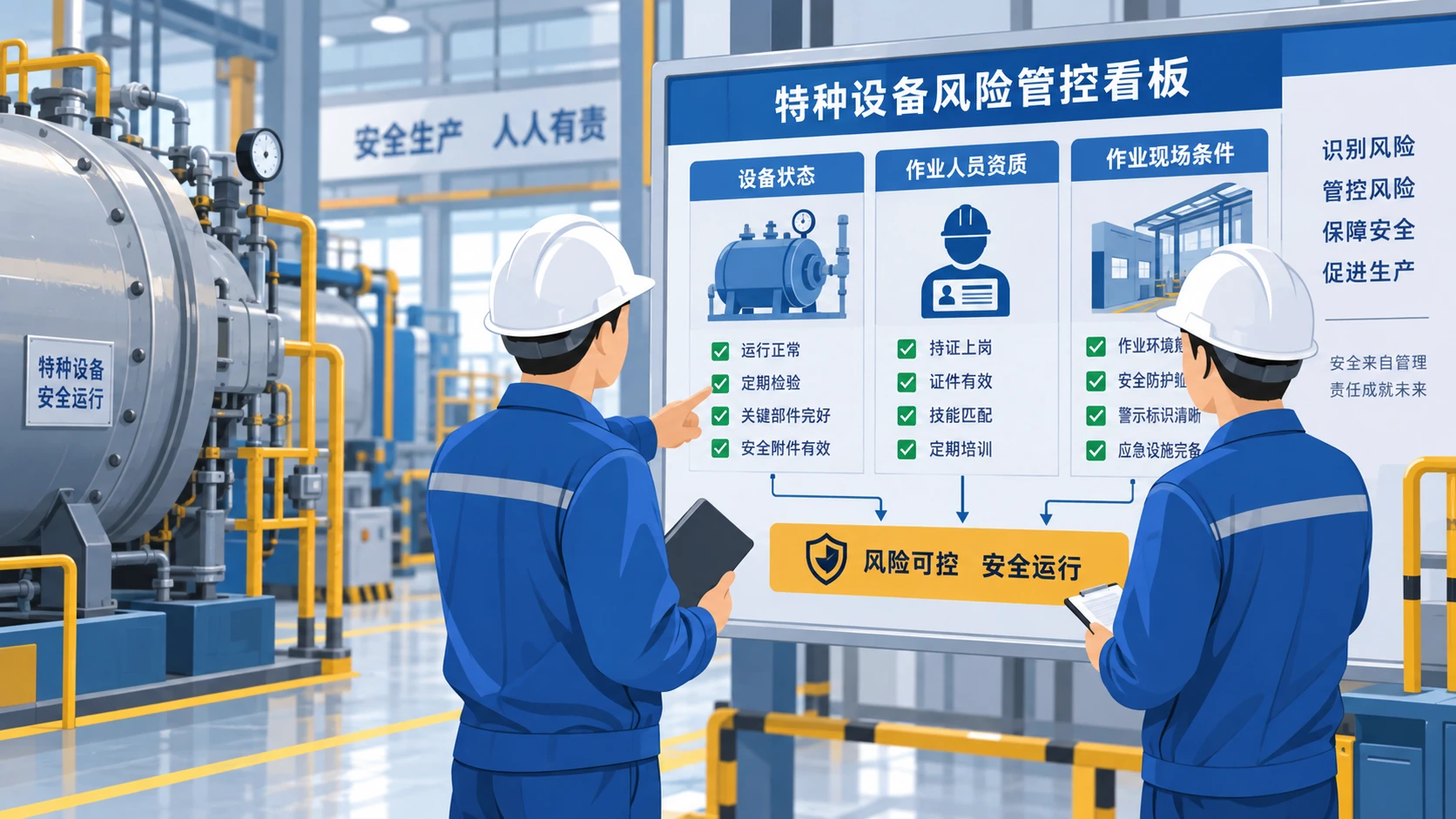 管理人员在特种设备风险板上分析设备、人员和现场条件关系的示意图