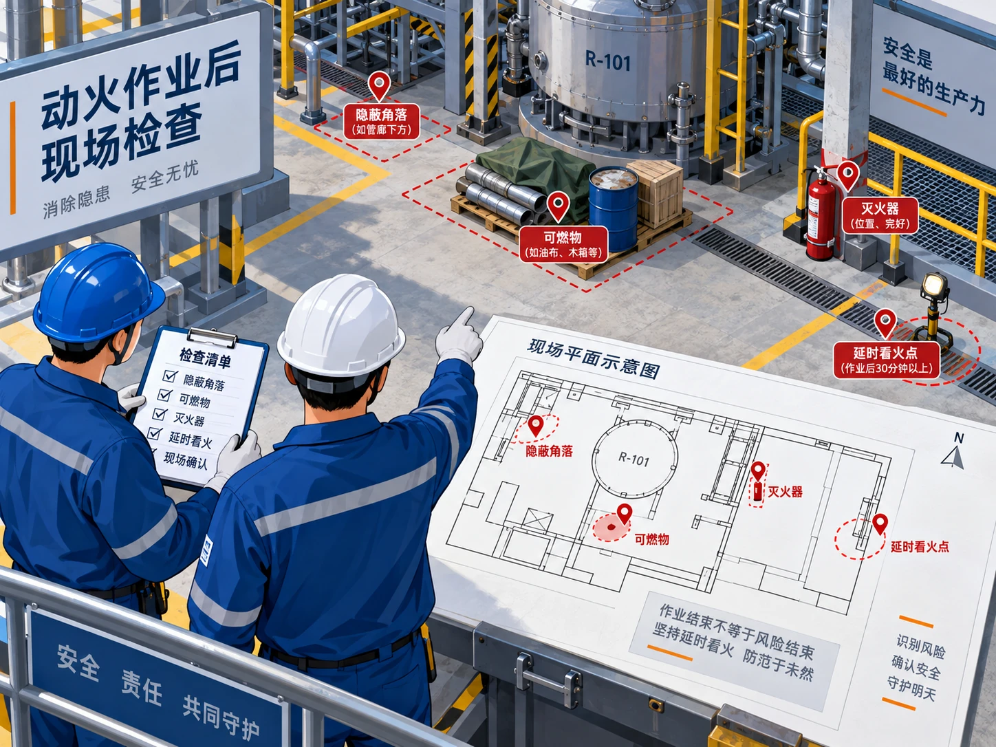 动火点周边平面图标出隐蔽处、可燃物、消防器材和延时复查点的示意图
